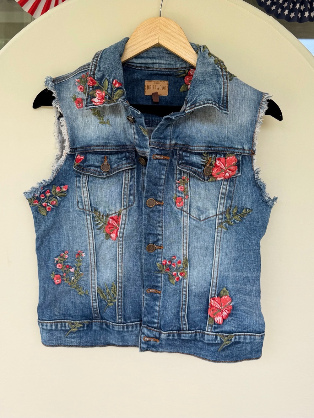 Driftwood Flower Embroidered Denim Jean Vest, size M